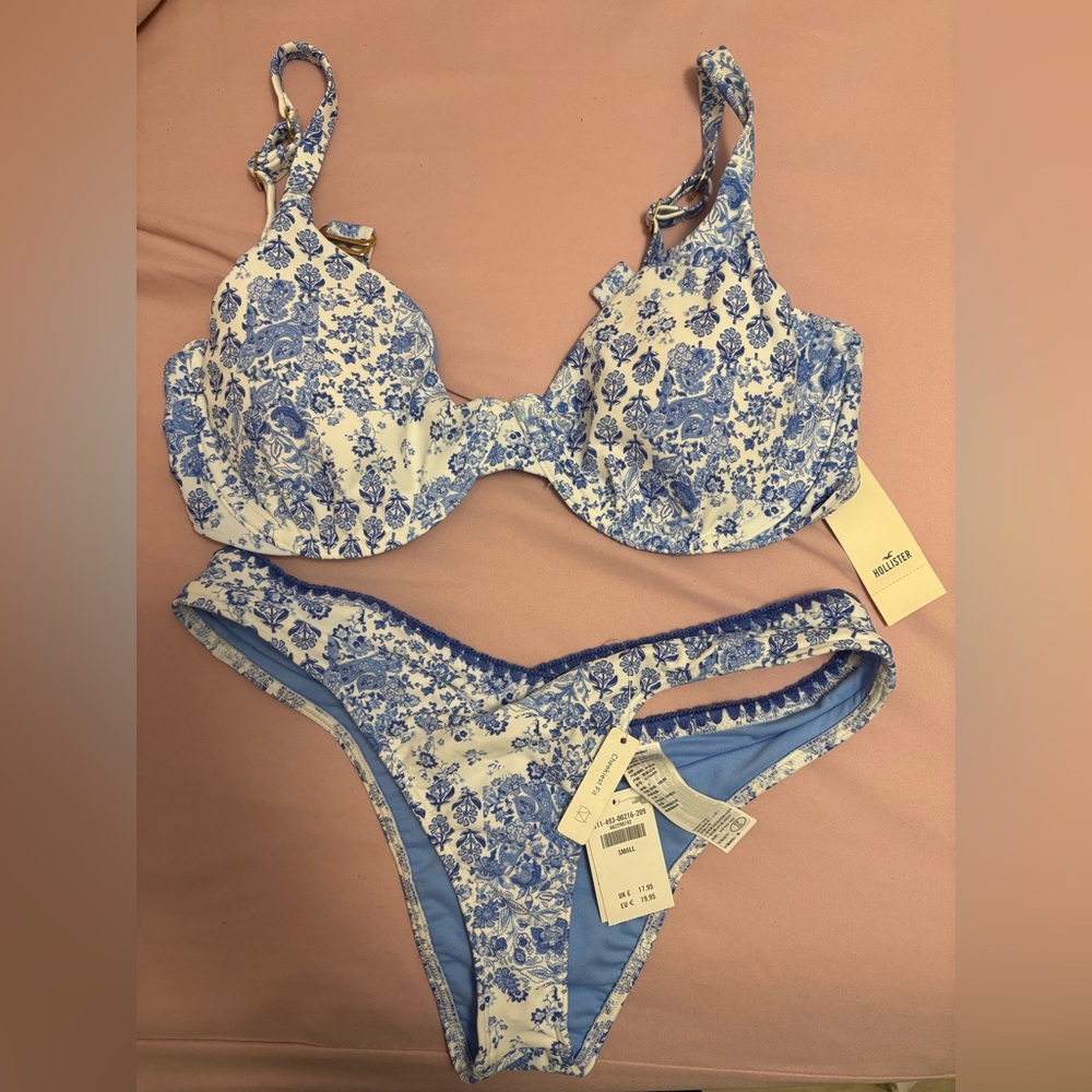 Hollister Blue and White Floral Bikini